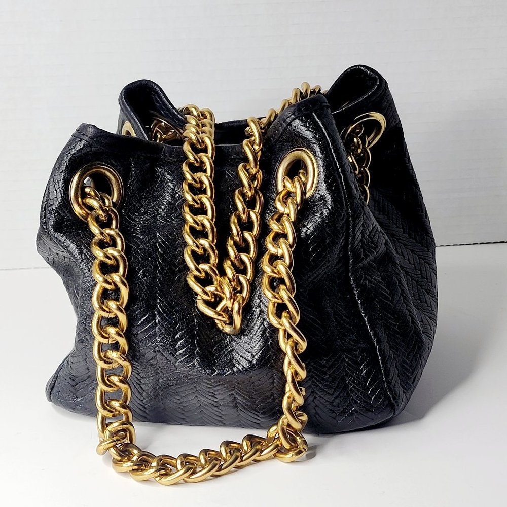 Sabin New York Genuine Leather Black Satin Lining Herringbone Gold Chain Handles